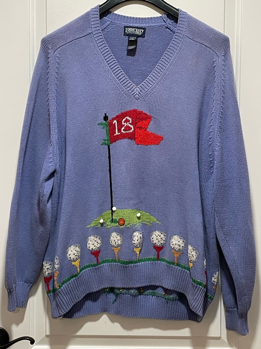 Vintage 90s Lands' End Golf Motif Sz XL Purple V-Neck Mid-Weight Graphic Sweater